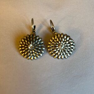 Antiqued silver chrysanthemum with rhinestone center lever back earrings.
